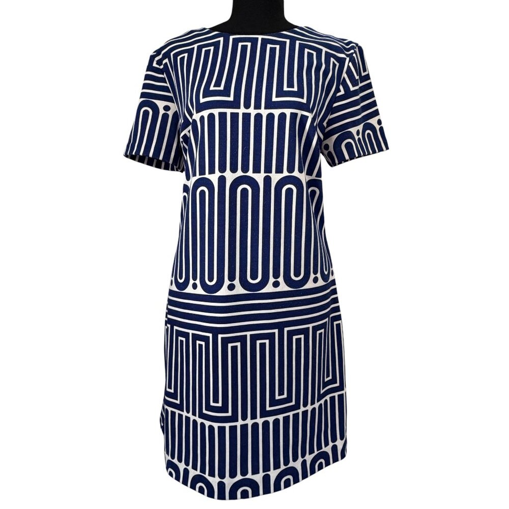 TRINA TURK Zap Geometric Short Sleeve Shift Dress Blue White Large - Picture 3 of 12